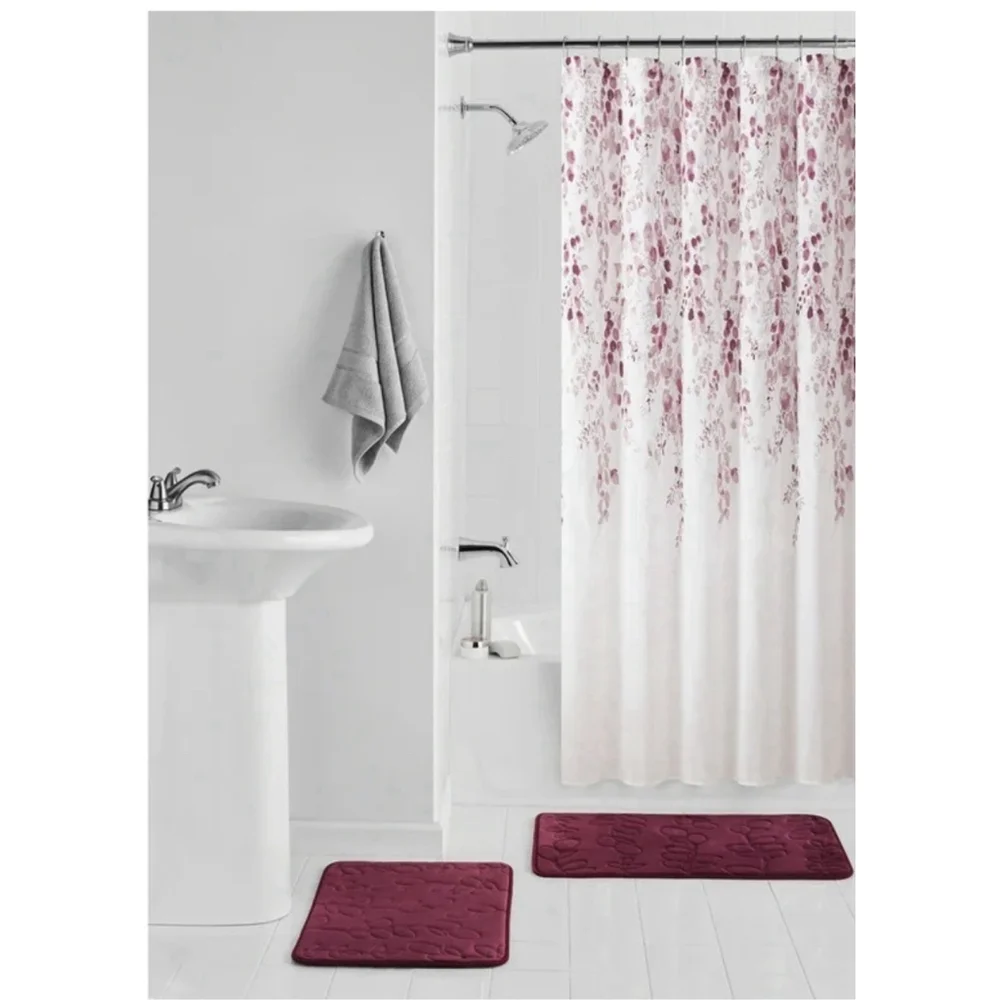 Mainstays Wisteria Mauve Floral Polyester Shower Curtain Set, 15-Piece